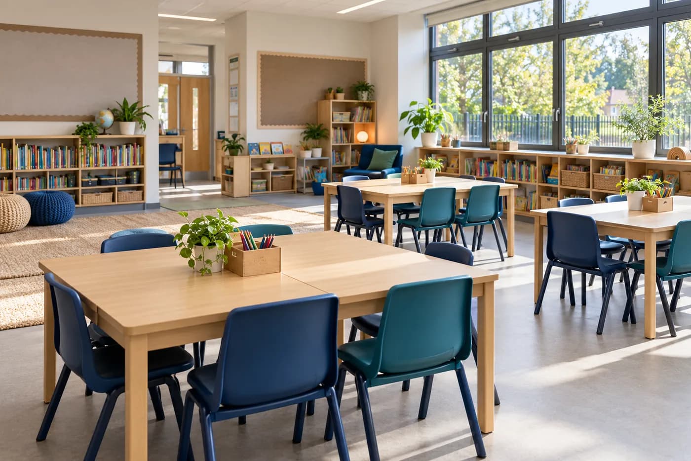 Tidy classroom with neatly arranged tables and chairs, illustrative image