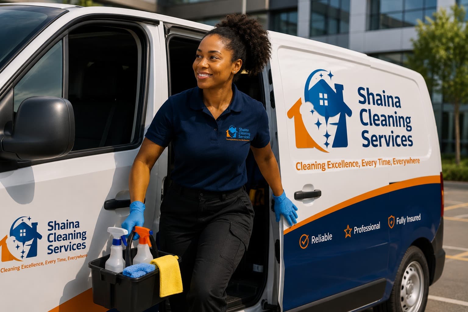 Shaina Cleaning operative beside a branded company vehicle