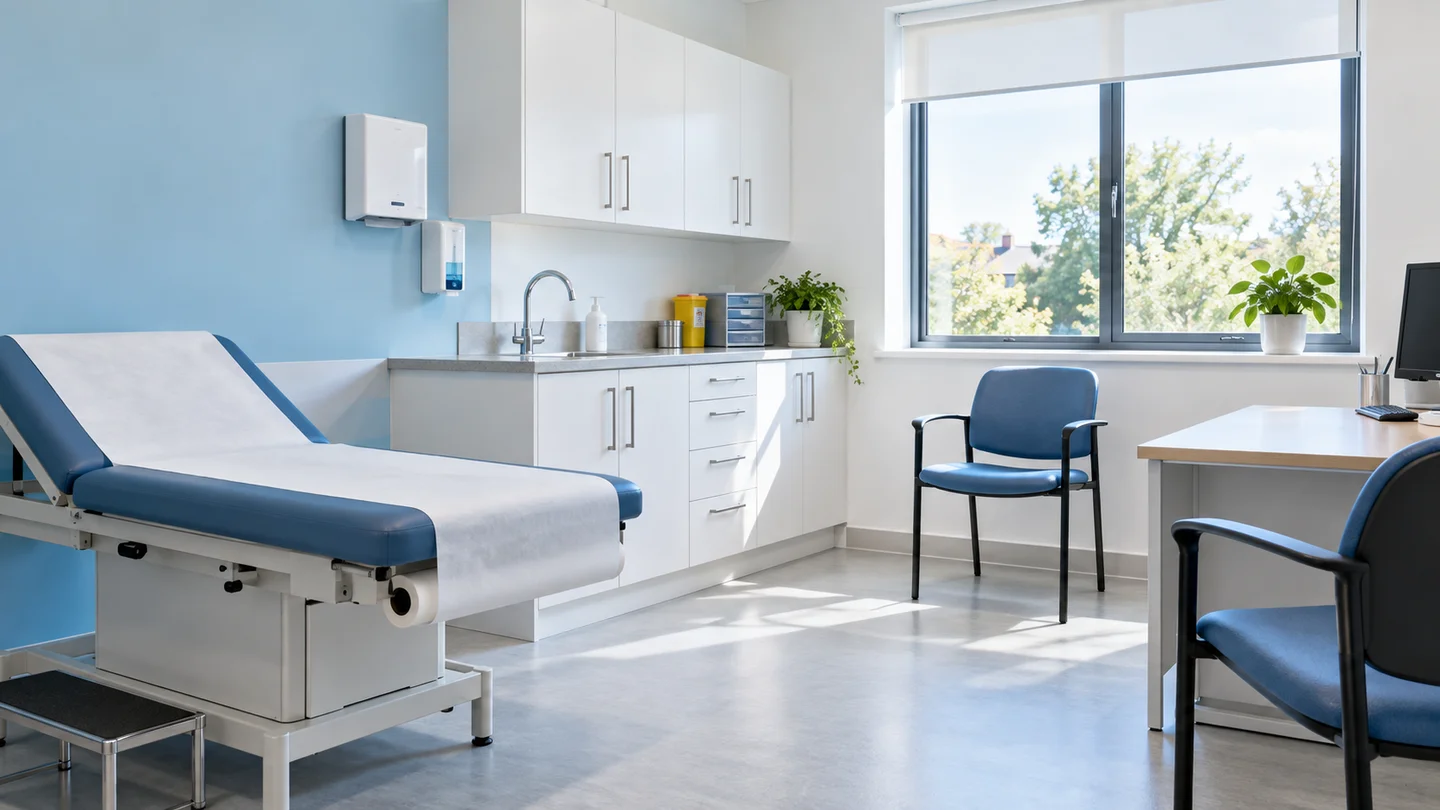 Clean modern consultation room with an examination couch, handwashing sink and tidy clinical worktops
