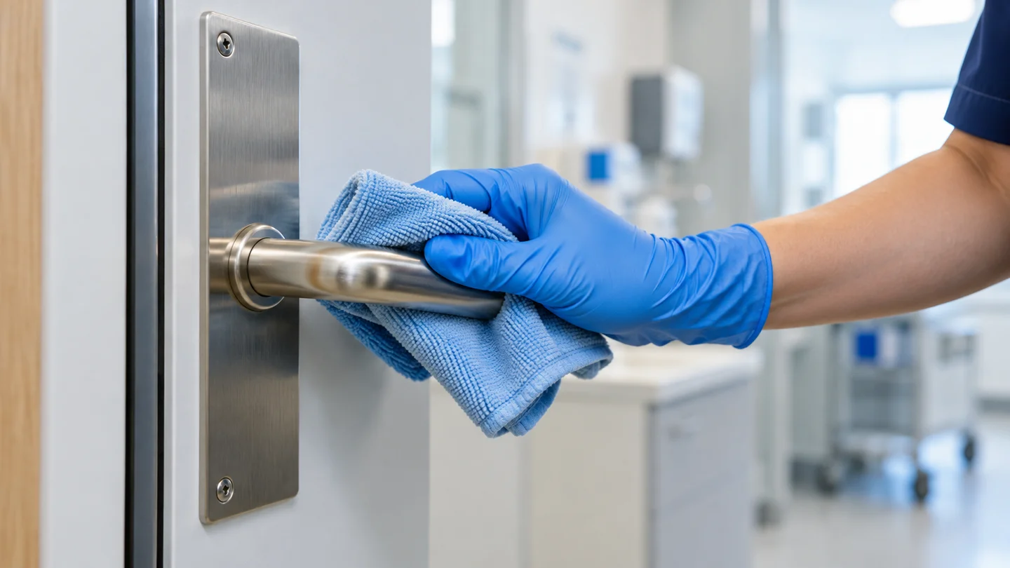 Healthcare cleaner wearing blue gloves wiping a clinic door handle with a microfibre cloth