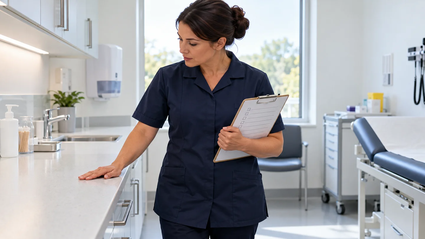 Cleaning supervisor holding a checklist while inspecting a cleaned clinical room
