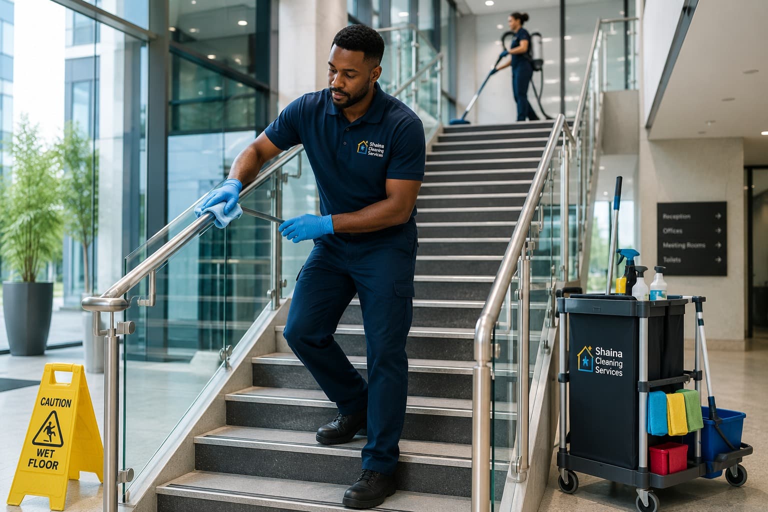 Shaina Cleaning Services operative carrying out commercial cleaning