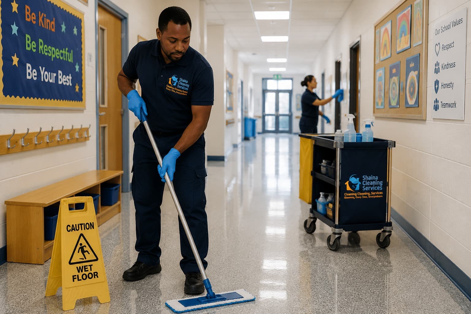 Shaina Cleaning Services operative carrying out commercial cleaning