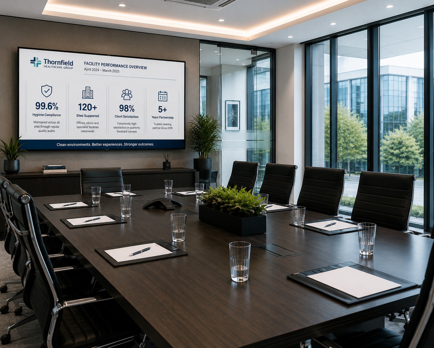 A spotless boardroom showing facility performance results for a Shaina Cleaning Services client